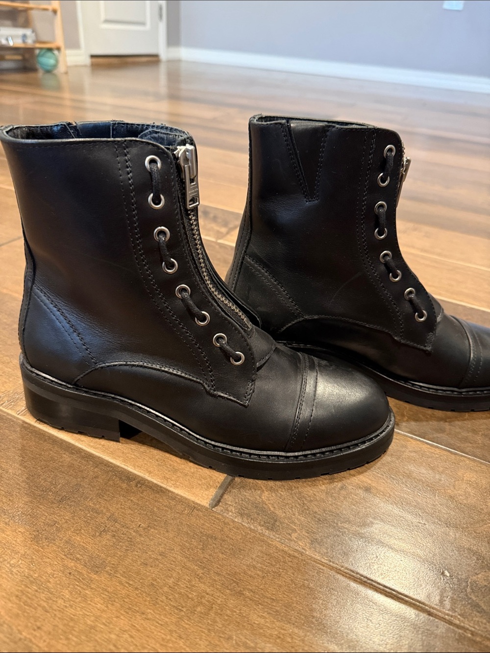 All Saints Black Leather Front-Zip Combat Boots - Picture 3 of 5